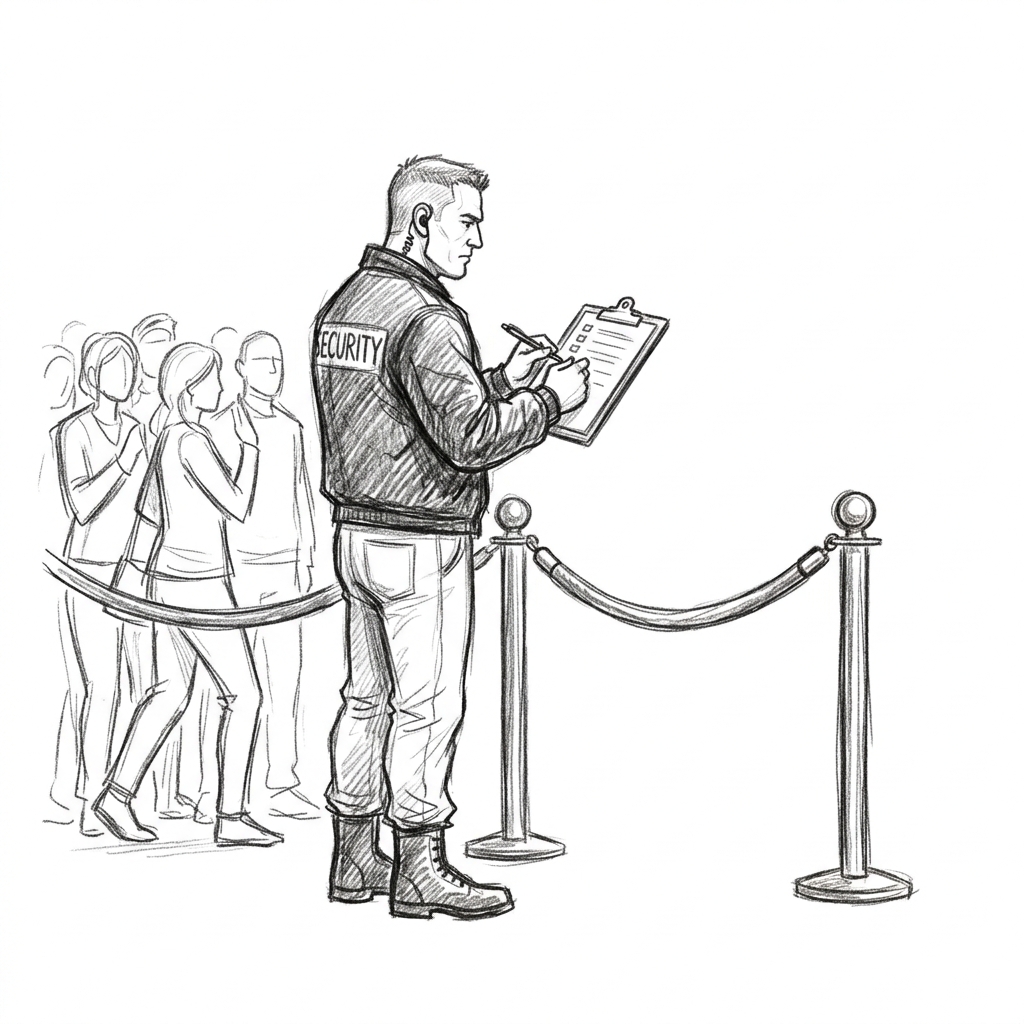 A bouncer with a clipboard checking a list, representing security groups