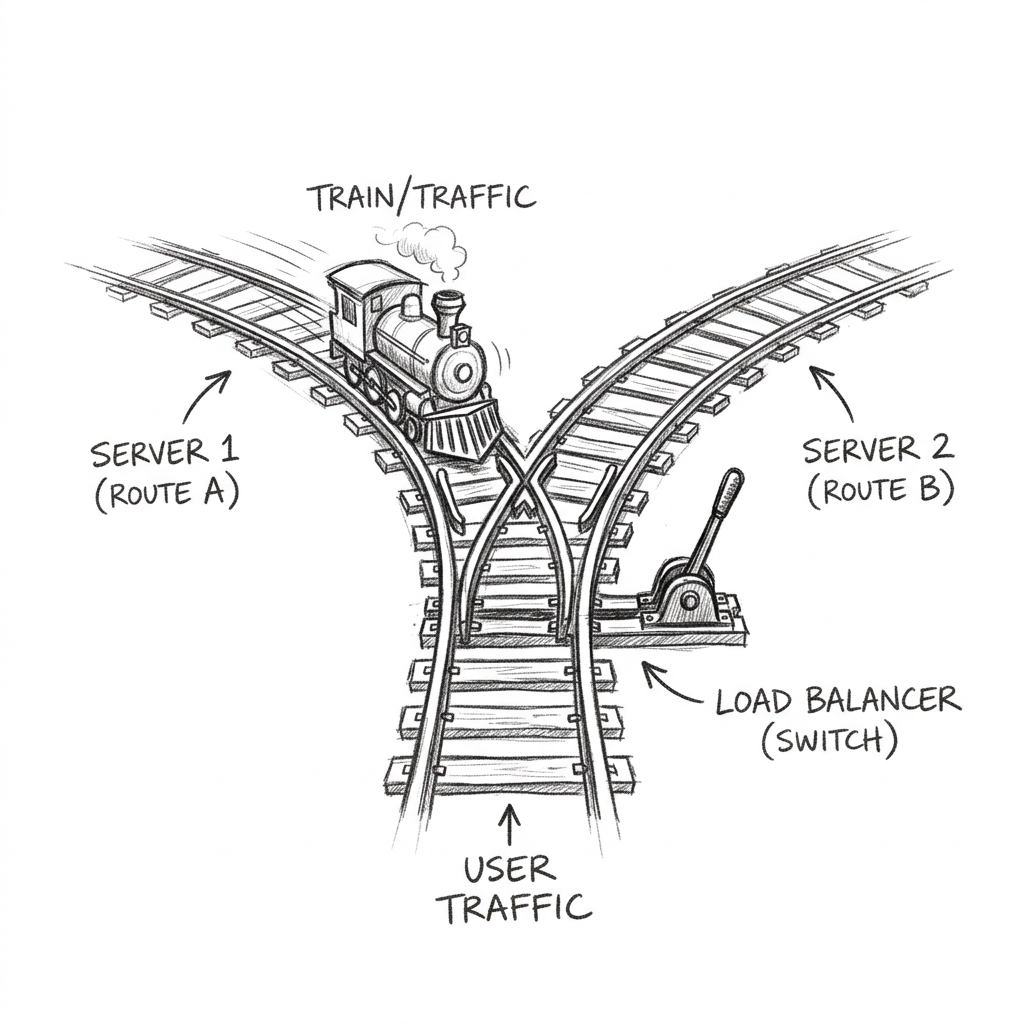 A railroad switch directing a train, representing a load balancer