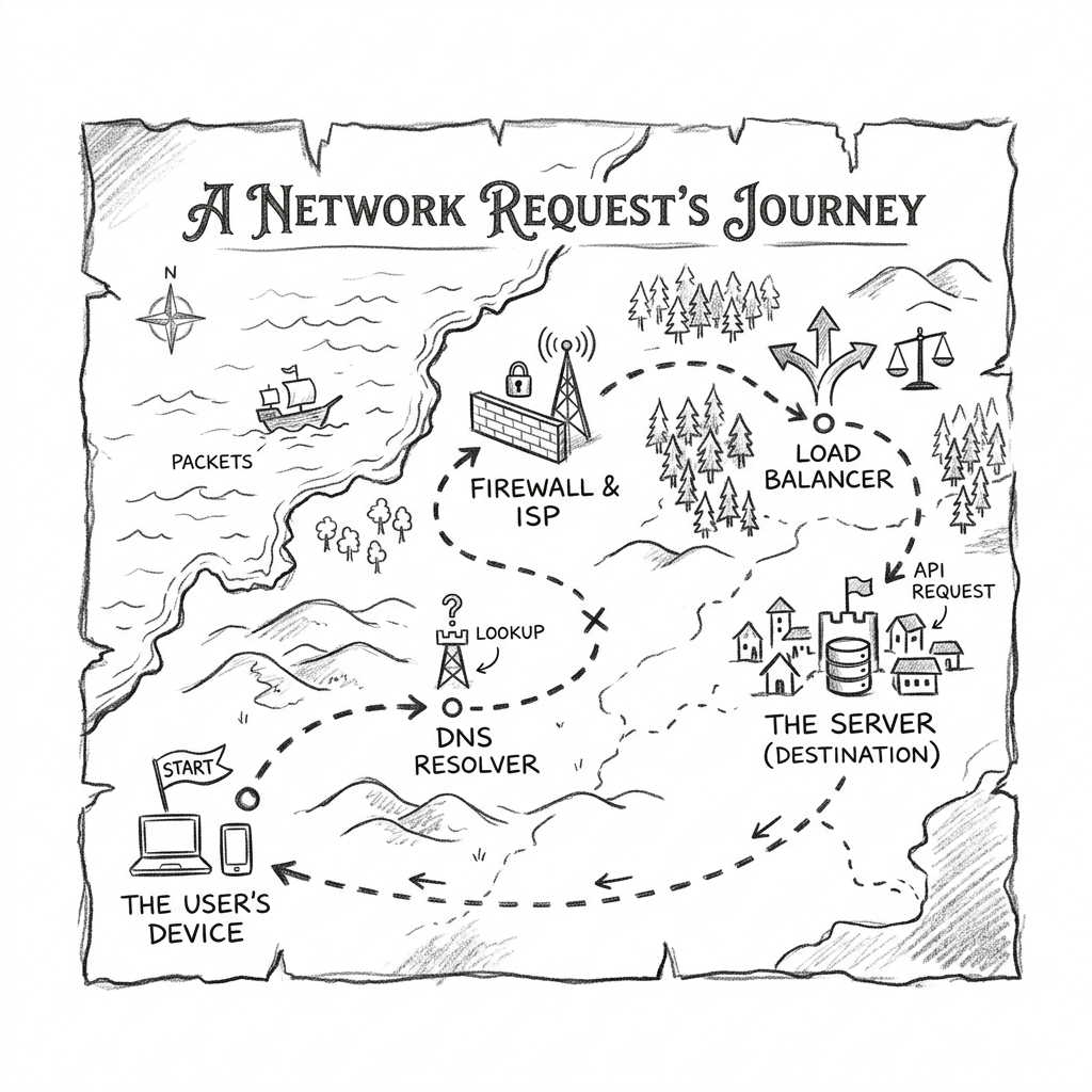 A treasure map with a dashed path representing a request journey