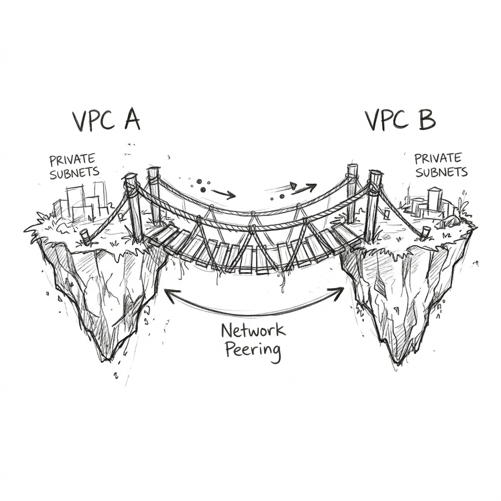 A rope bridge connecting two floating islands, representing network peering