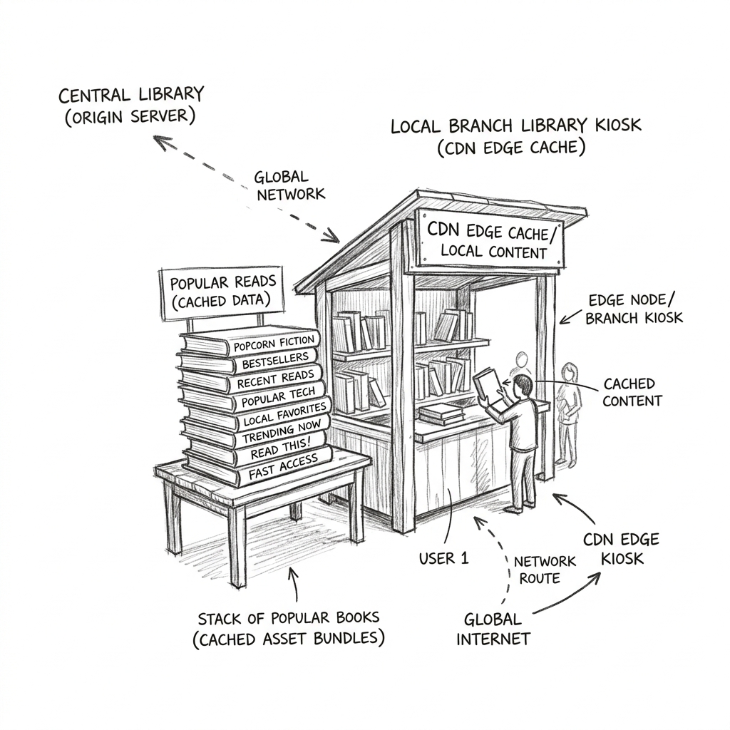 A local branch library kiosk holding popular books, representing a CDN edge cache
