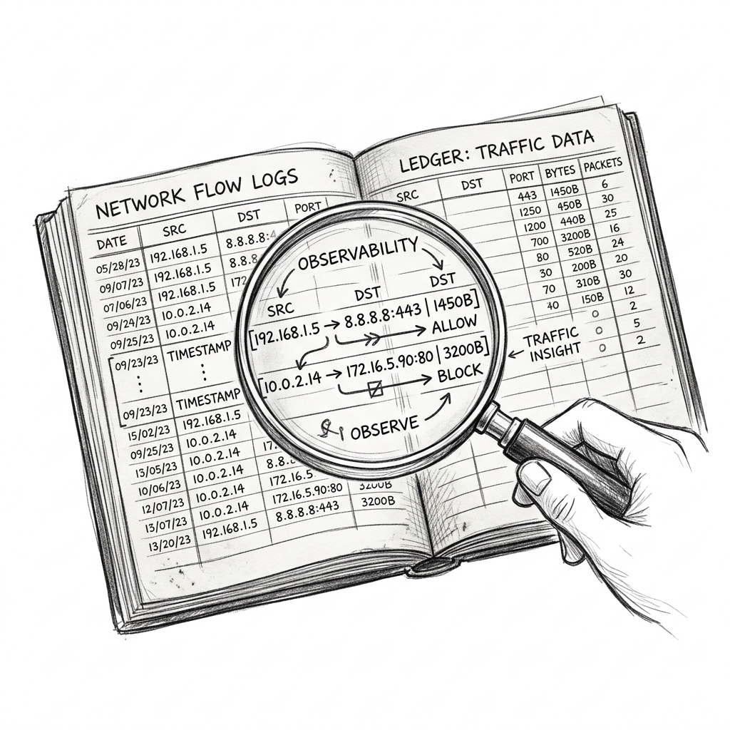 A detective's magnifying glass examining an accounting ledger, representing flow logs