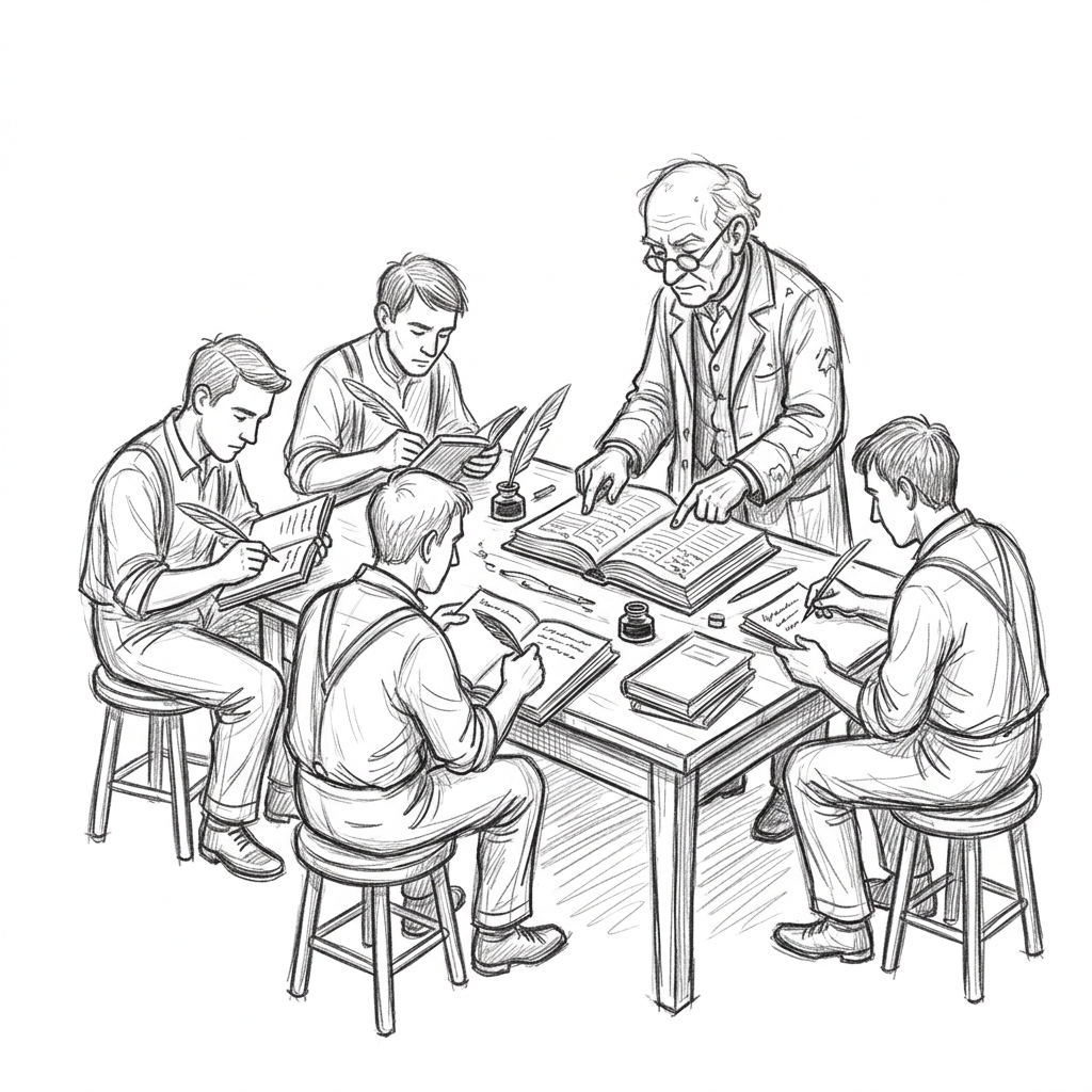 Clerks copying a logbook