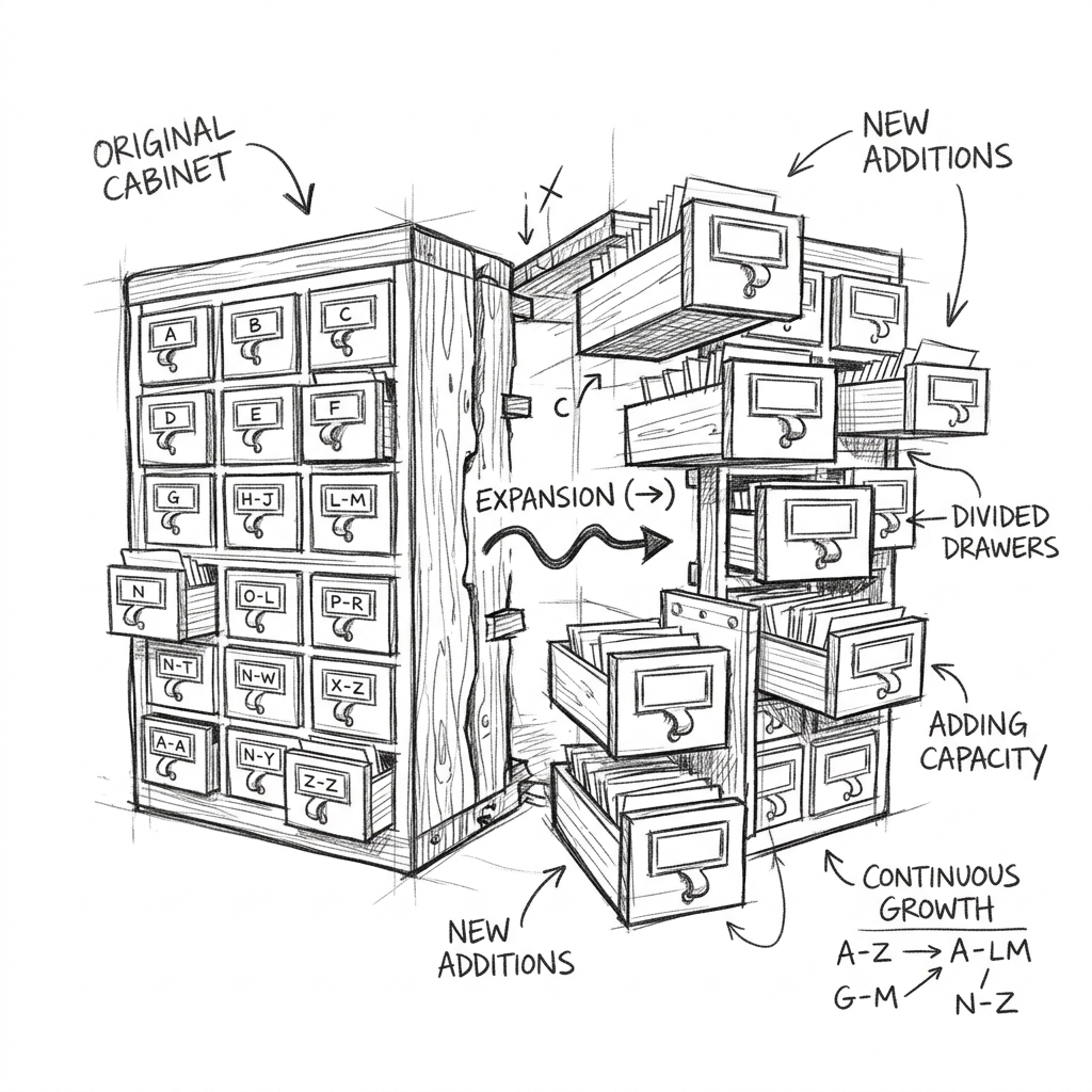 An expanding library card catalog cabinet with drawers being divided and added