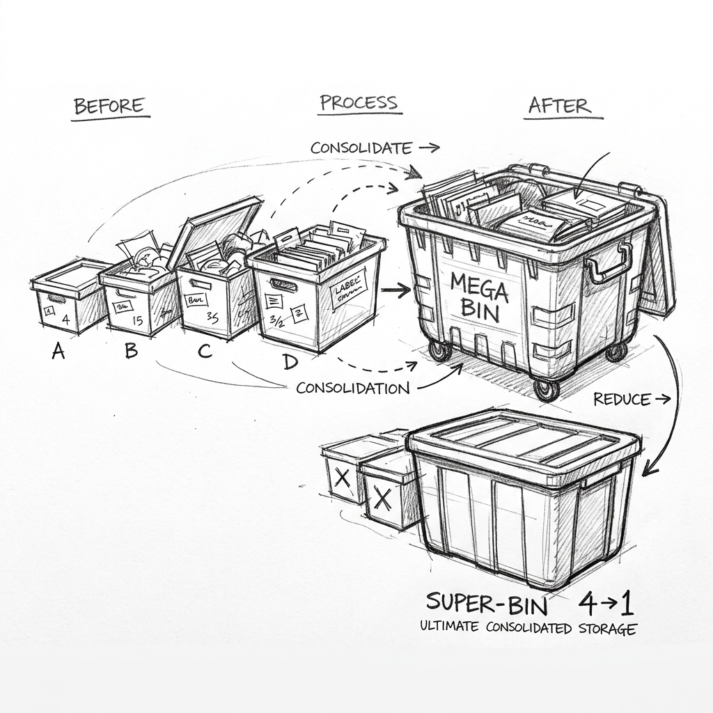 A series of progressively larger storage boxes or filing bins being compacted and consolidated into fewer bigger ones