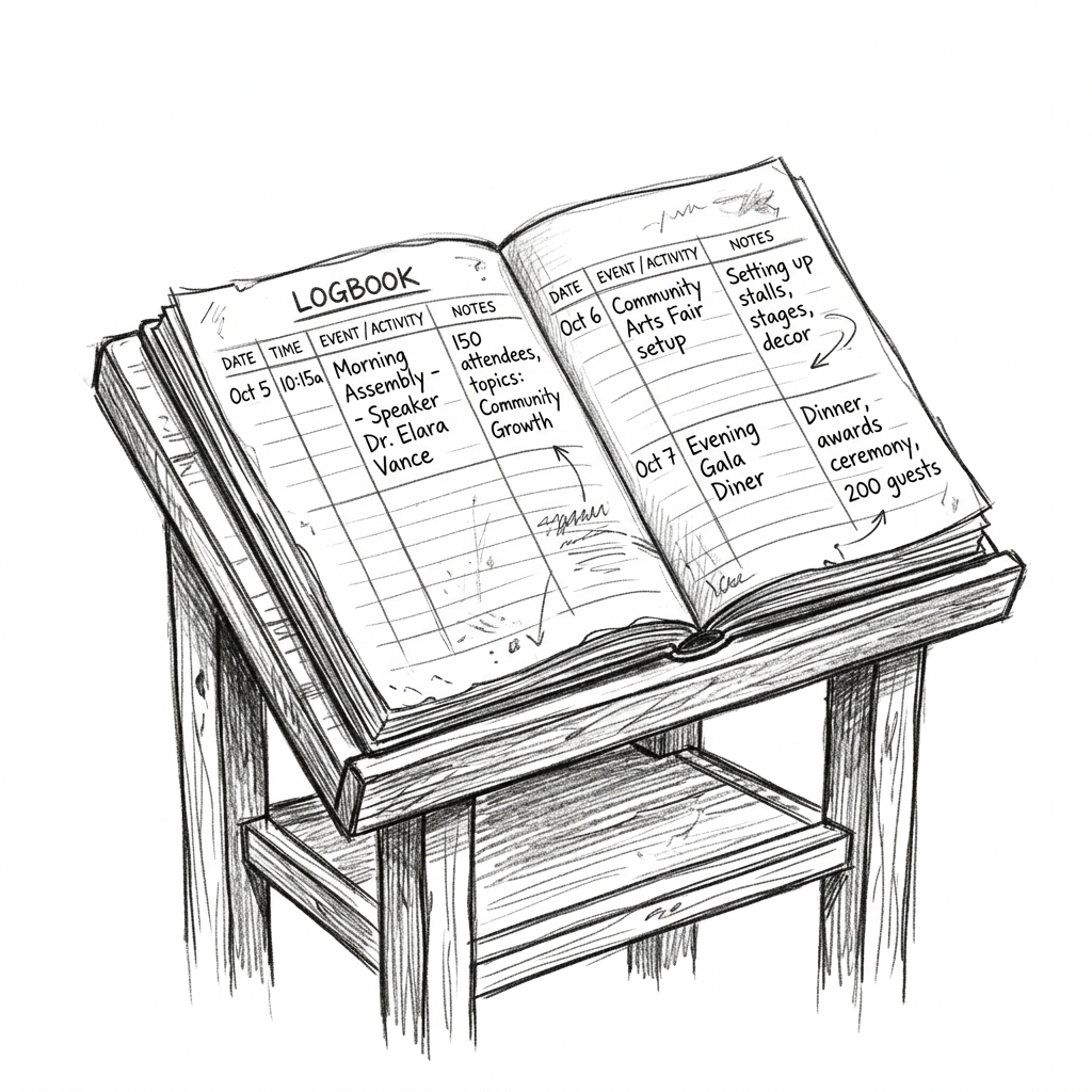 A handwritten logbook or ledger on a podium where events are recorded chronologically