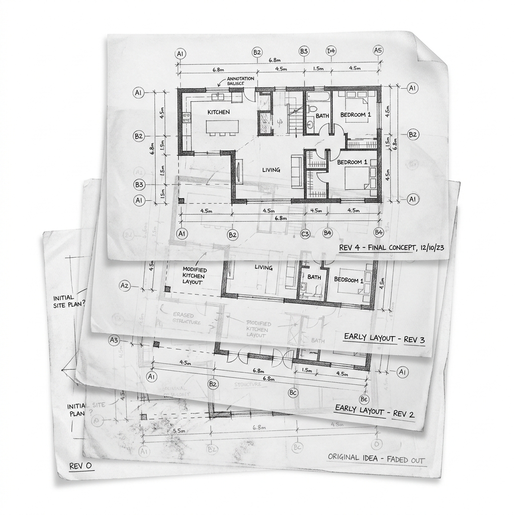 A stack of semi-transparent tracing papers showing different versions of a blueprint with older layers fading out