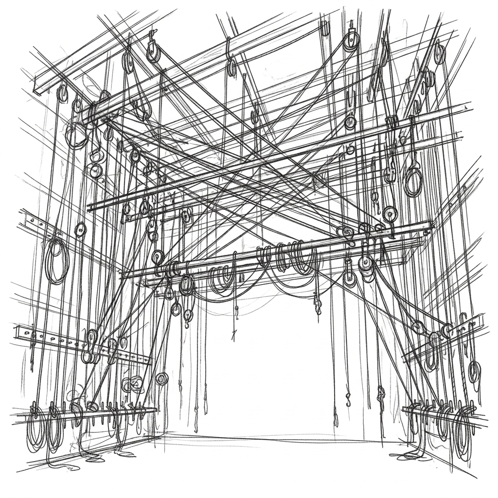 A complex theatrical stage rigging system with many overlapping ropes and pulleys
