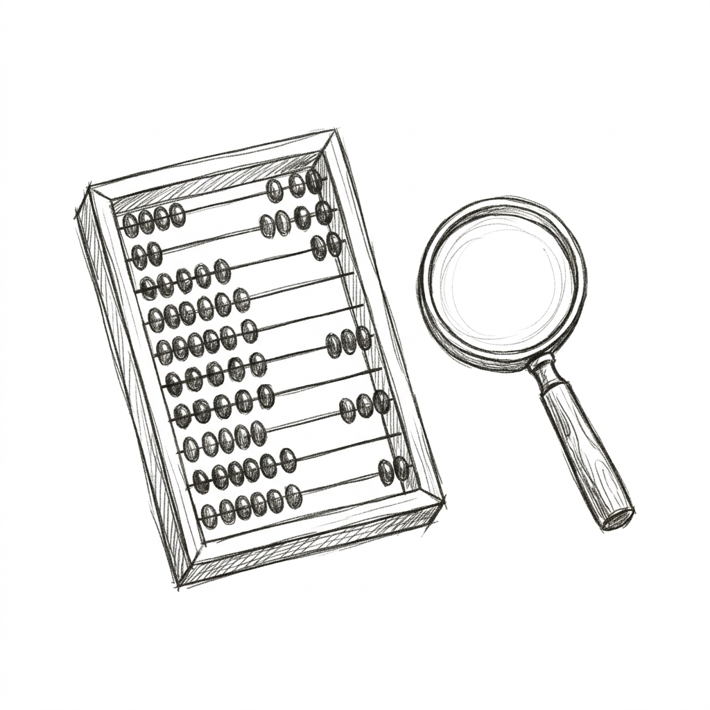 A classic mechanical calculator or abacus next to a magnifying glass