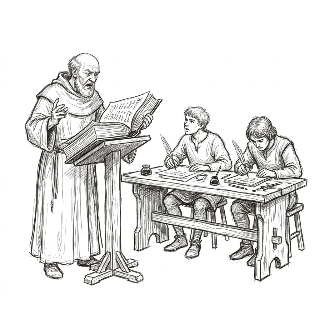 A master scribe dictating to apprentices
