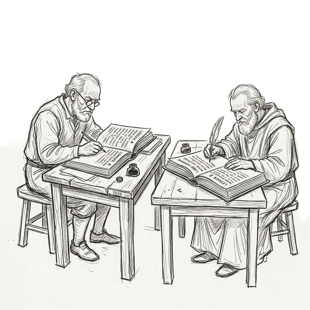 Two master scribes simultaneously writing in ledgers