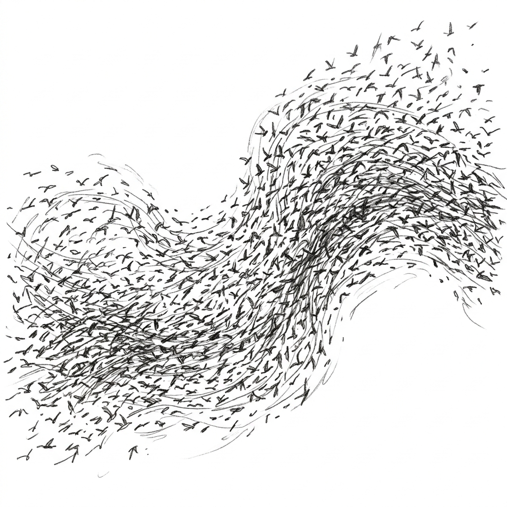 A flock of starlings murmuration flying in synchronized formation without a single leader