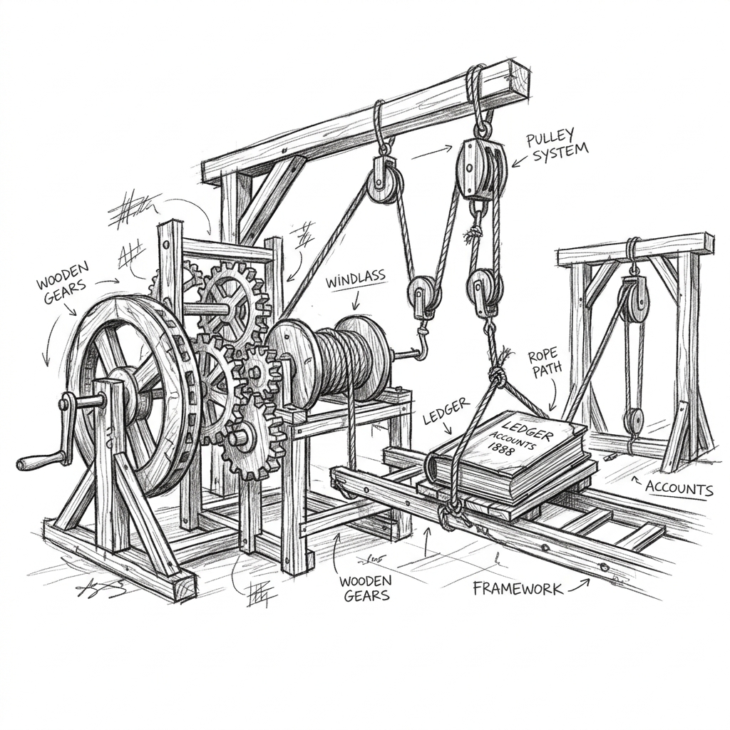 A mechanical apparatus moving a ledger