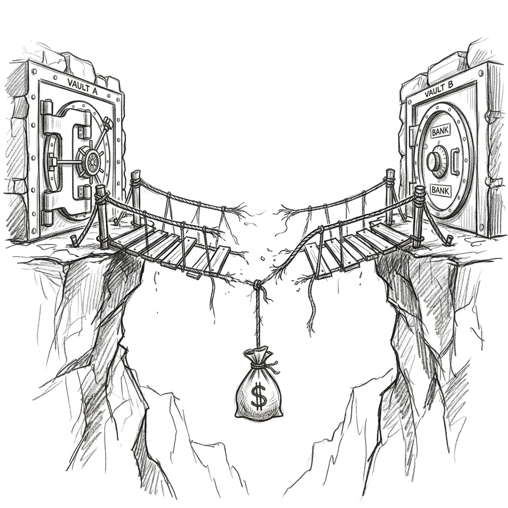 two separated bank vaults connected by a frayed rope bridge
