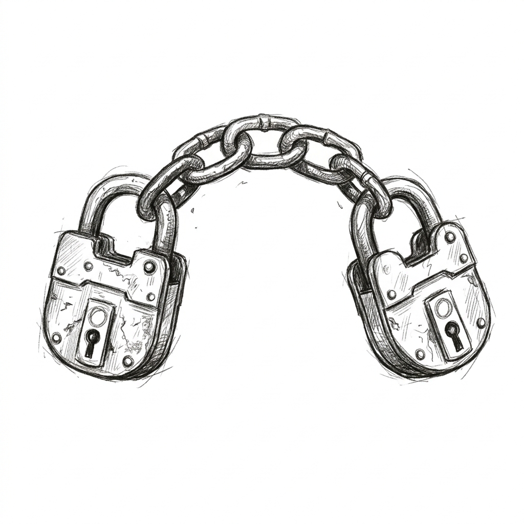 Conceptual sketch of two padlocks linked by a chain