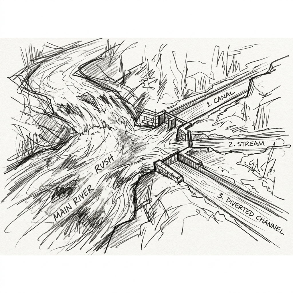 Conceptual sketch of a rushing river splitting into streams