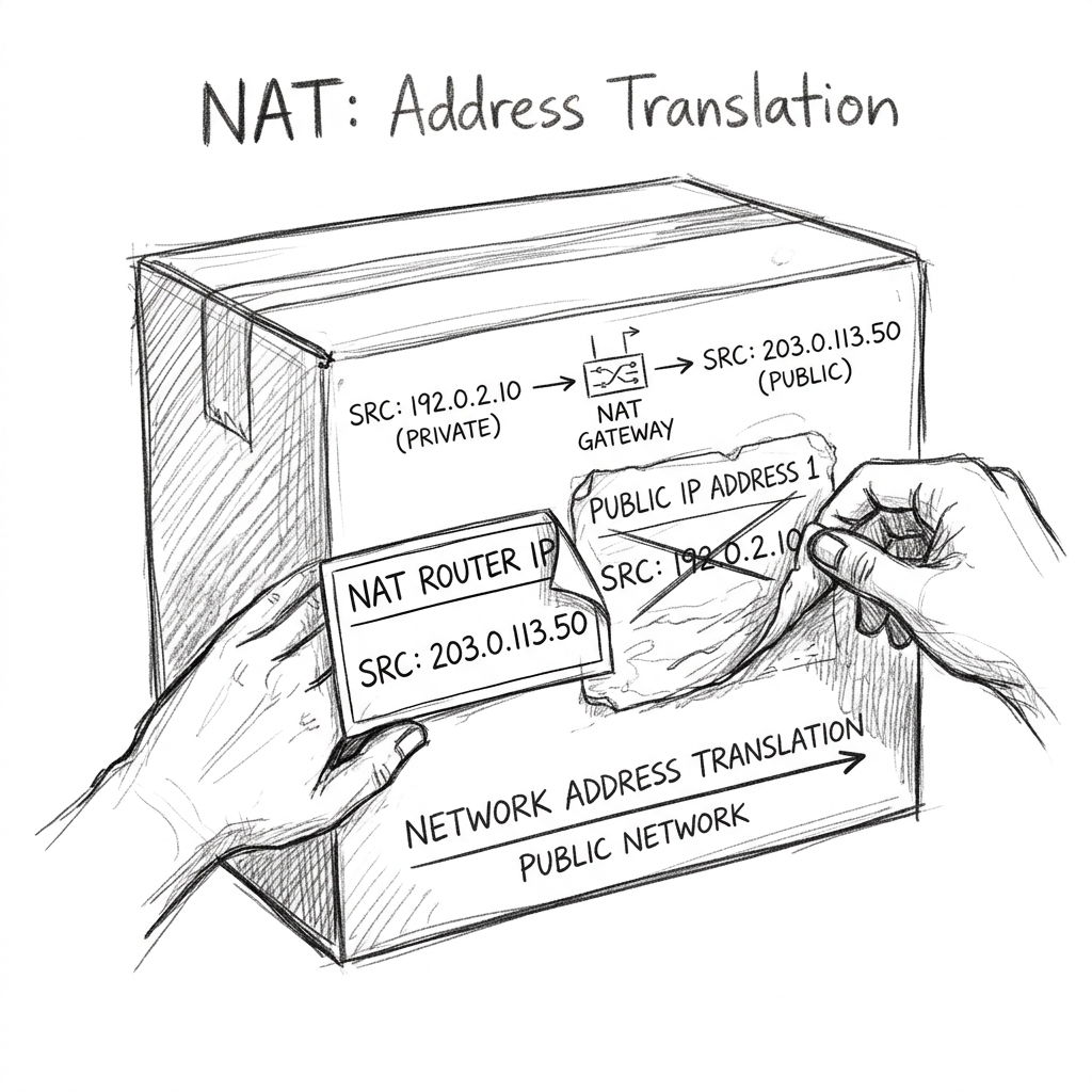 Shipping box with address label being swapped, representing NAT