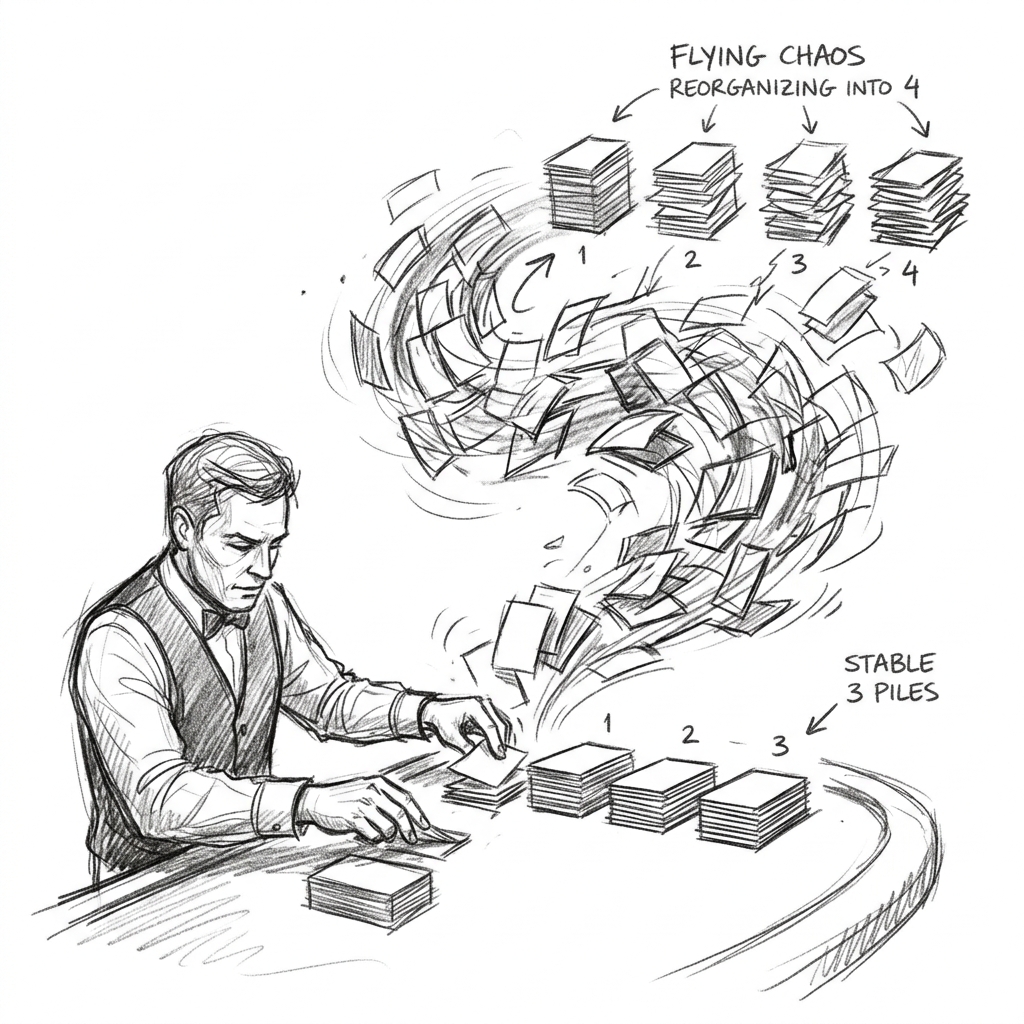 Conceptual sketch of cards being reshuffled