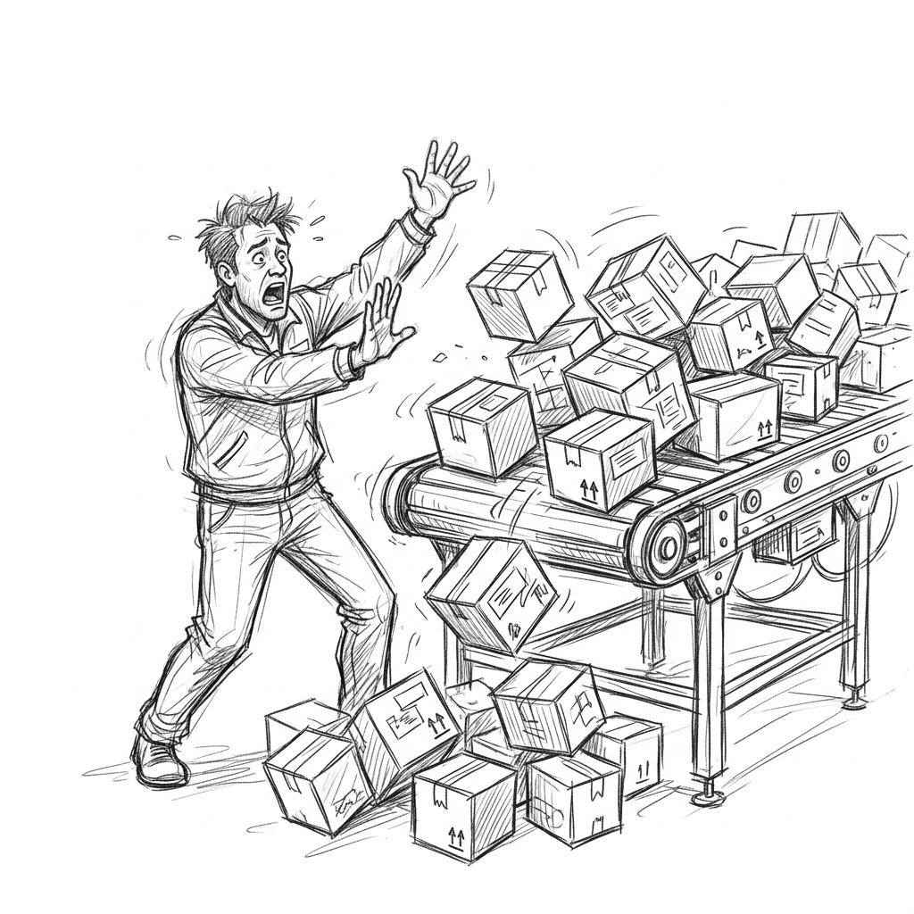 Conceptual sketch of an overflowing conveyor belt