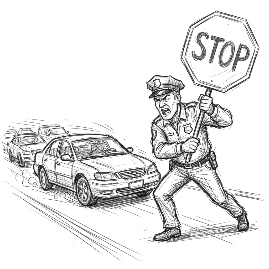 Conceptual sketch of a traffic cop stopping cars