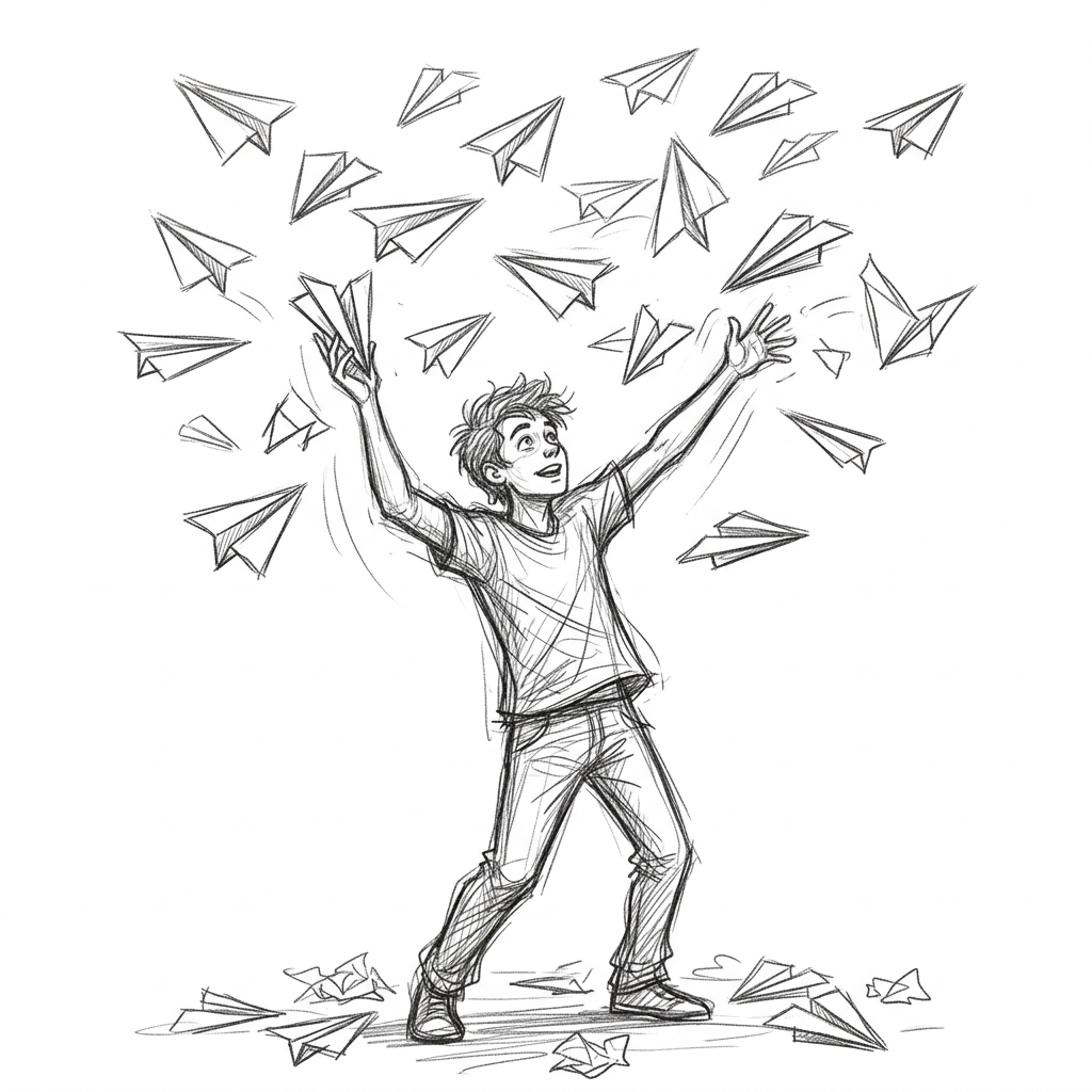 A person frantically tossing paper airplanes into the air, representing UDP